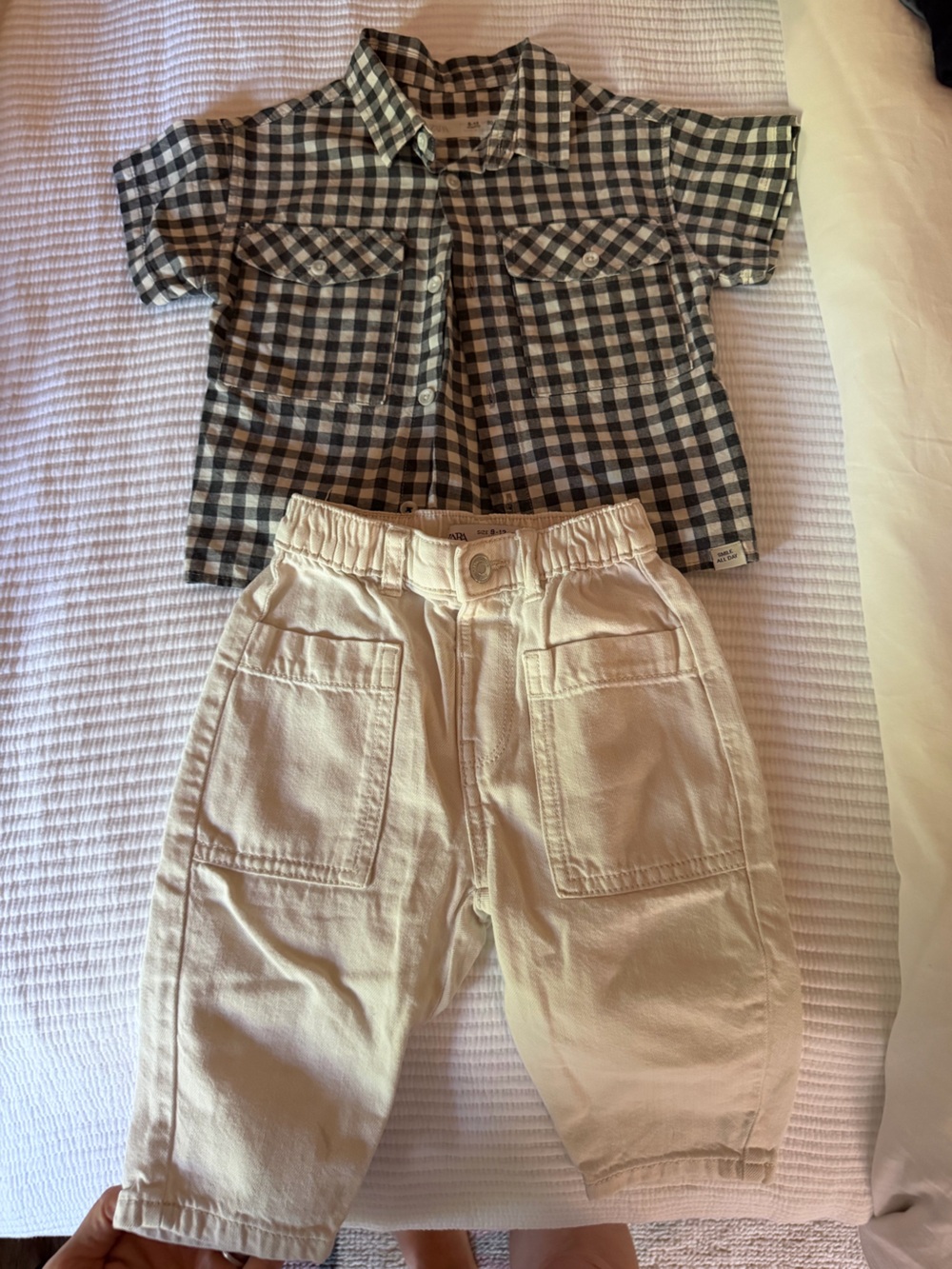 Gingham Button-Up Shirt and Cream Cargo Jeans